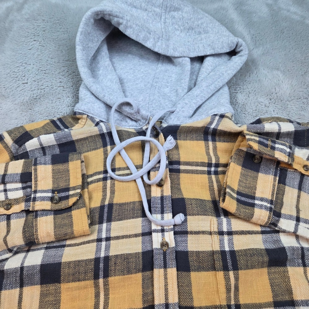 American Eagle Hooded Flannel Shacket Womens L Plaid Button Down Mustard Yellow